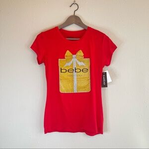 BEBE Present Glitter Logo Crew Neck Red Women’s Tee/Sz:M/NWT